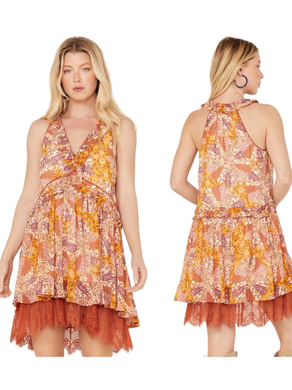 🎒Miss me orange Floral Patchwork lace sleeveless Ruffle mini dress size L NWT